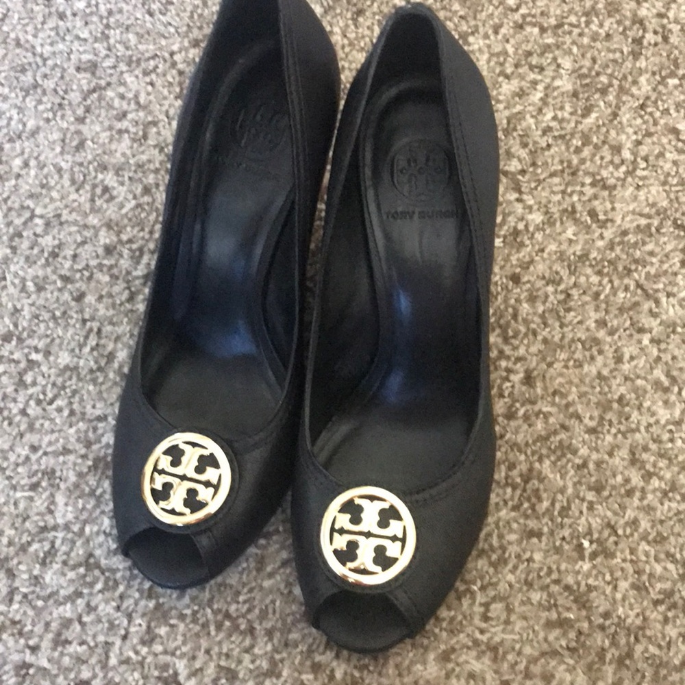 Tory Burch black peep toe wedges 3 inch heel
